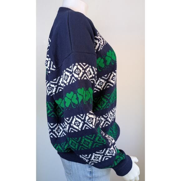VTG Whats Next Sweater Large Navy Green Shamrock Fair Isle 80s St Patricks Irish - Picture 5 of 9